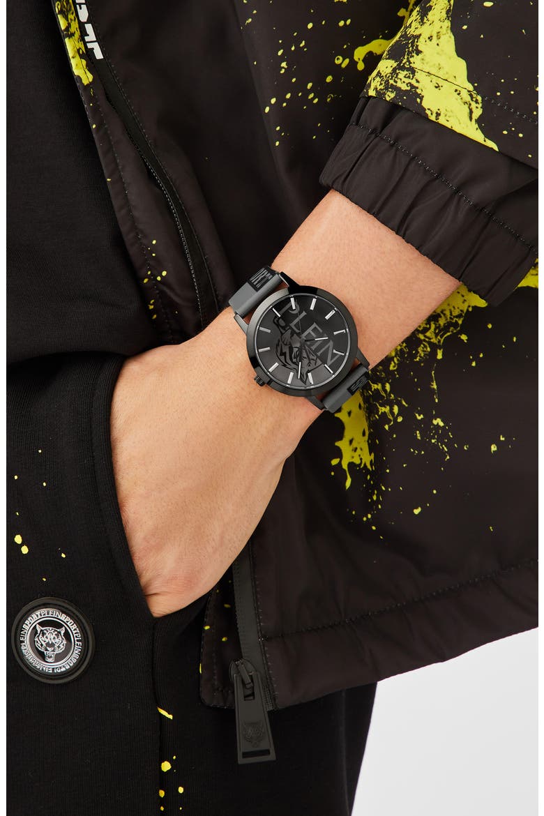Three-Hand Quartz Silicone Strap Watch, 44mm, Alternate, color, BLACK