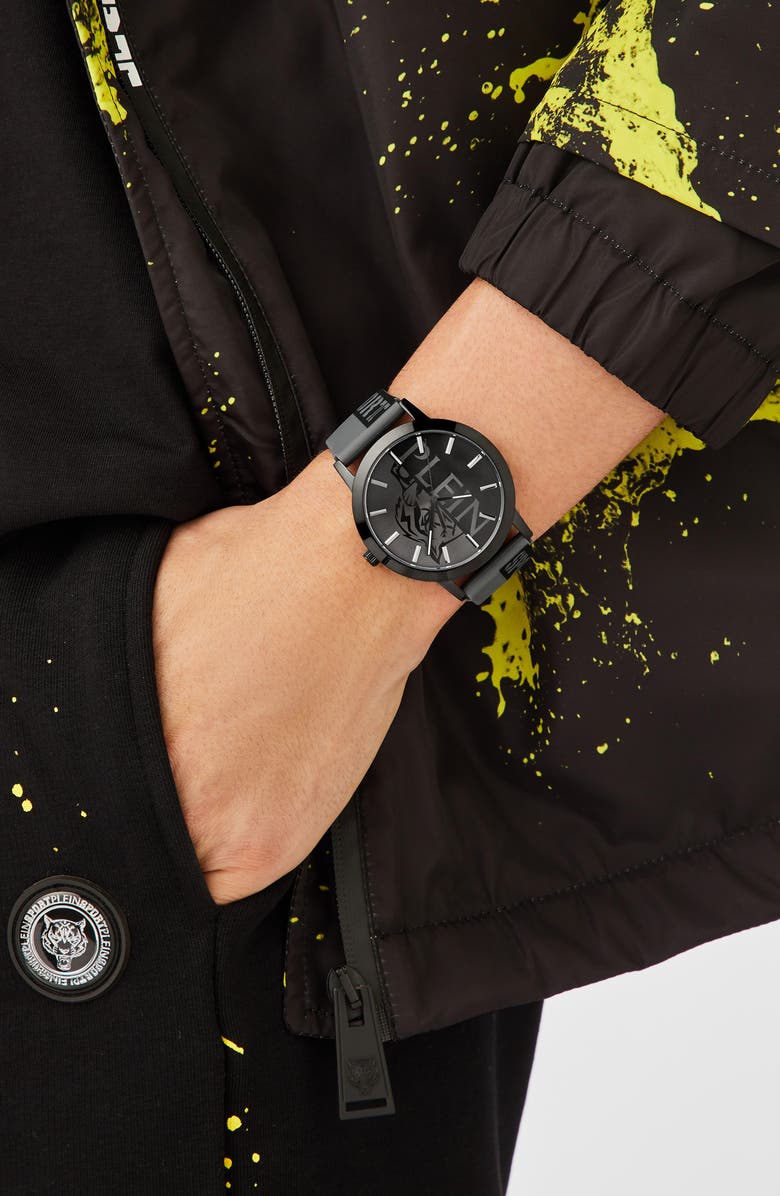 PLEIN SPORT Three-Hand Quartz Silicone Strap Watch, 44mm, Alternate, color, Black