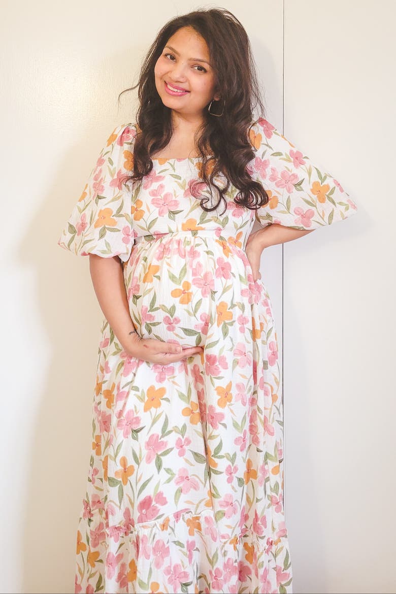 Floral Puff Sleeve Maxi Dress, Alternate, color, White