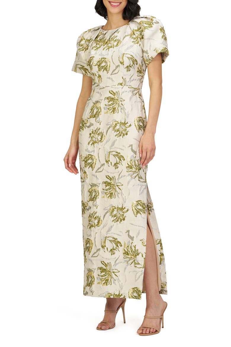 Penny Metallic Floral Jacquard Sheath Gown, Alternate, color, GREEN/ EGRET