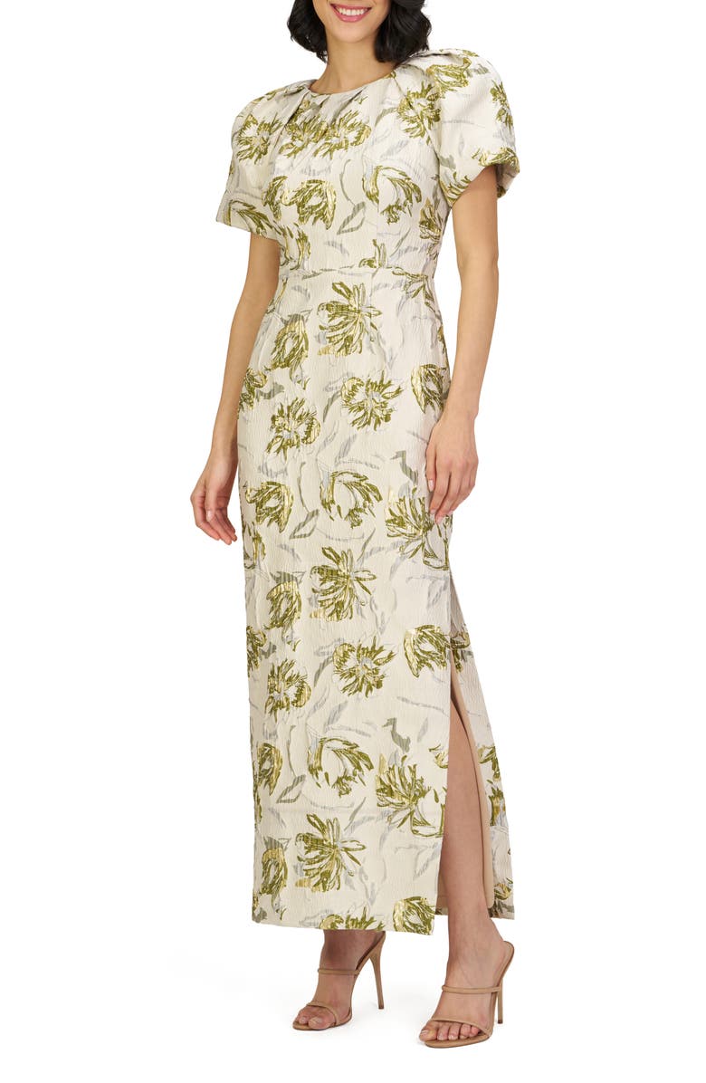 JS Collections Penny Metallic Floral Jacquard Sheath Gown, Alternate, color, Green/ Egret