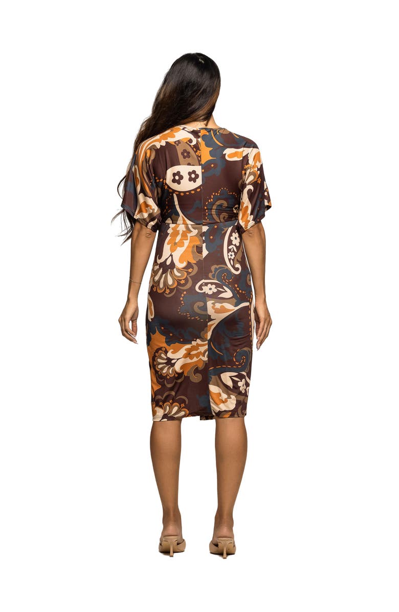 24seven Comfort Apparel Short Sleeve Knot Front Midi Dress in Paisley Print, Alternate, color, Brown Multi