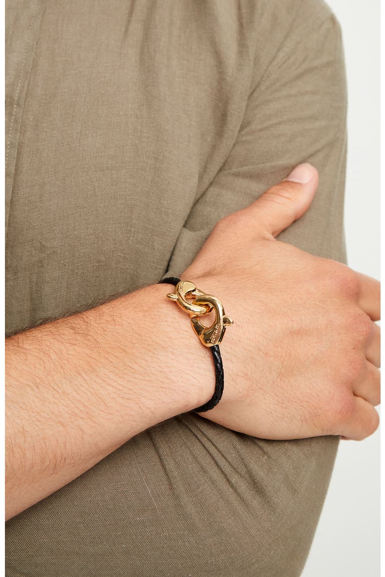 Black leather strap with 18k gold-plated interlocking carabiner detail, Alternate, color, Gold