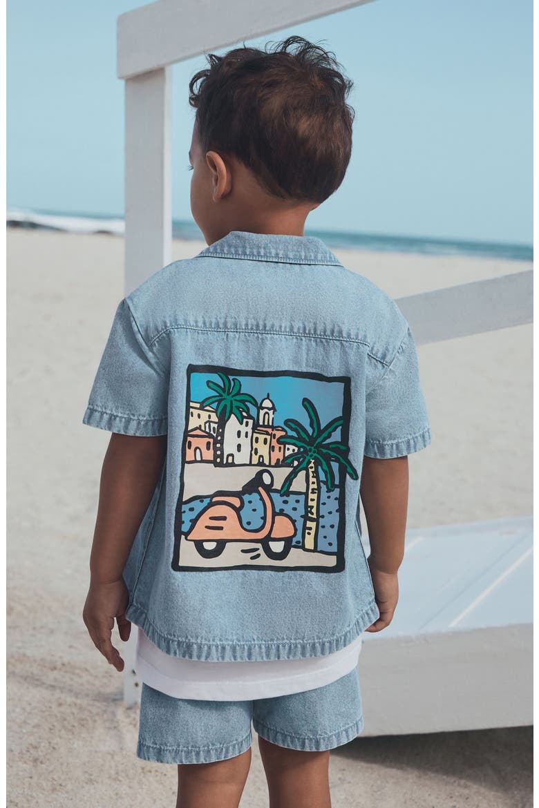 Kids' Graphic Denim Button-Up Top & Shorts Set, Alternate, color, BLUE