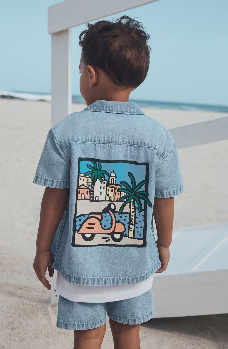 NEXT Kids' Graphic Denim Button-Up Top & Shorts Set, Alternate, color, Blue