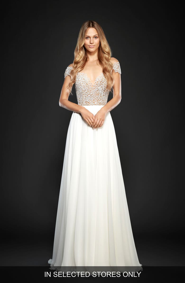 Hayley Paige Celine Embellished Illusion Mesh & Chiffon A-Line Wedding Dress, Main, color,