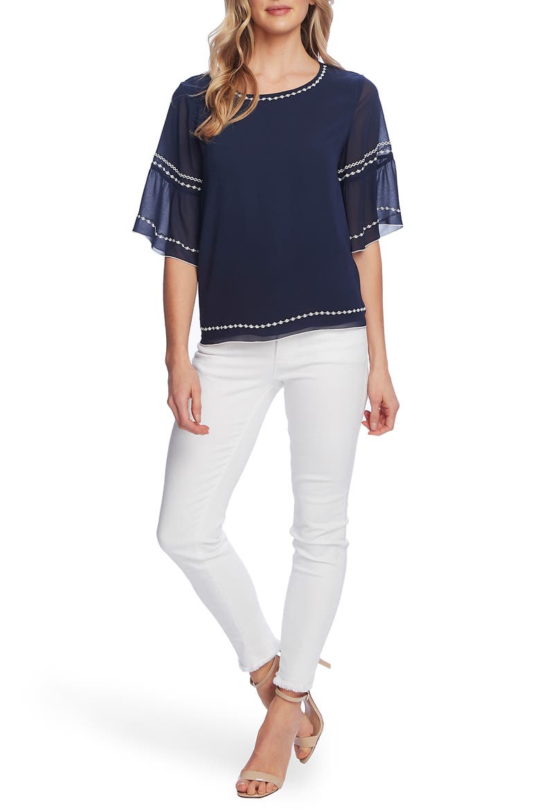 Embroidered Bell Sleeve Chiffon Blouse, Alternate, color, MOOD INDIGO