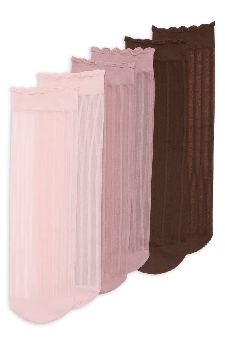 NORDSTROM RACK Assorted 3-Pack Sheer Rib Lace Socks, Main, color, Pink Brown Multi