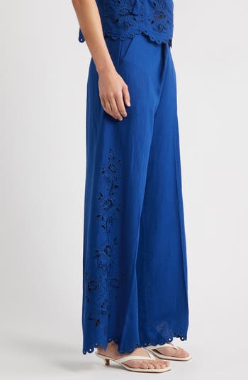 Richelieu Embroidery Detail Linen Blend Pants