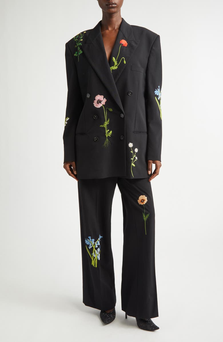 Stella McCartney Flower Embroidery Wool Jacket, Alternate, color, Black