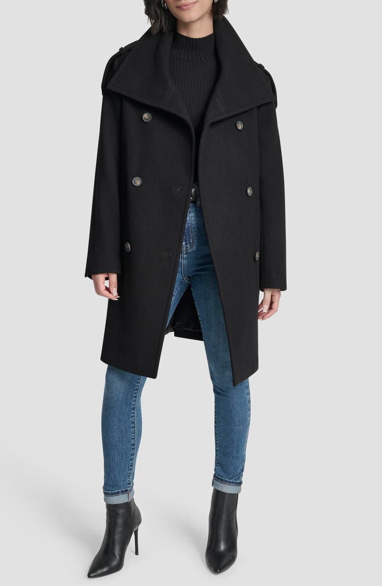 DKNY Double Breasted Wool Blend Military Coat, Alternate, color, Black