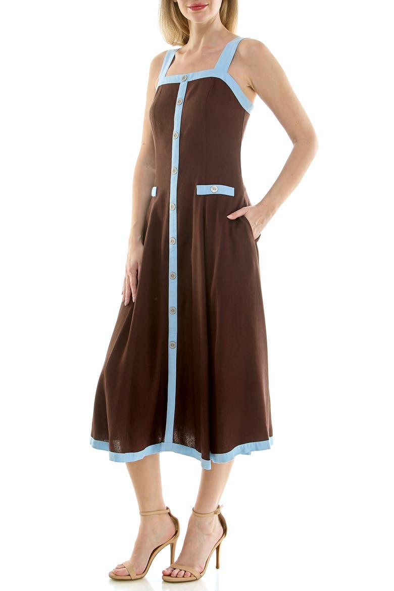 Square Neck Fit & Flare Midi Dress, Alternate, color, CHOCOLATE / CERULEAN