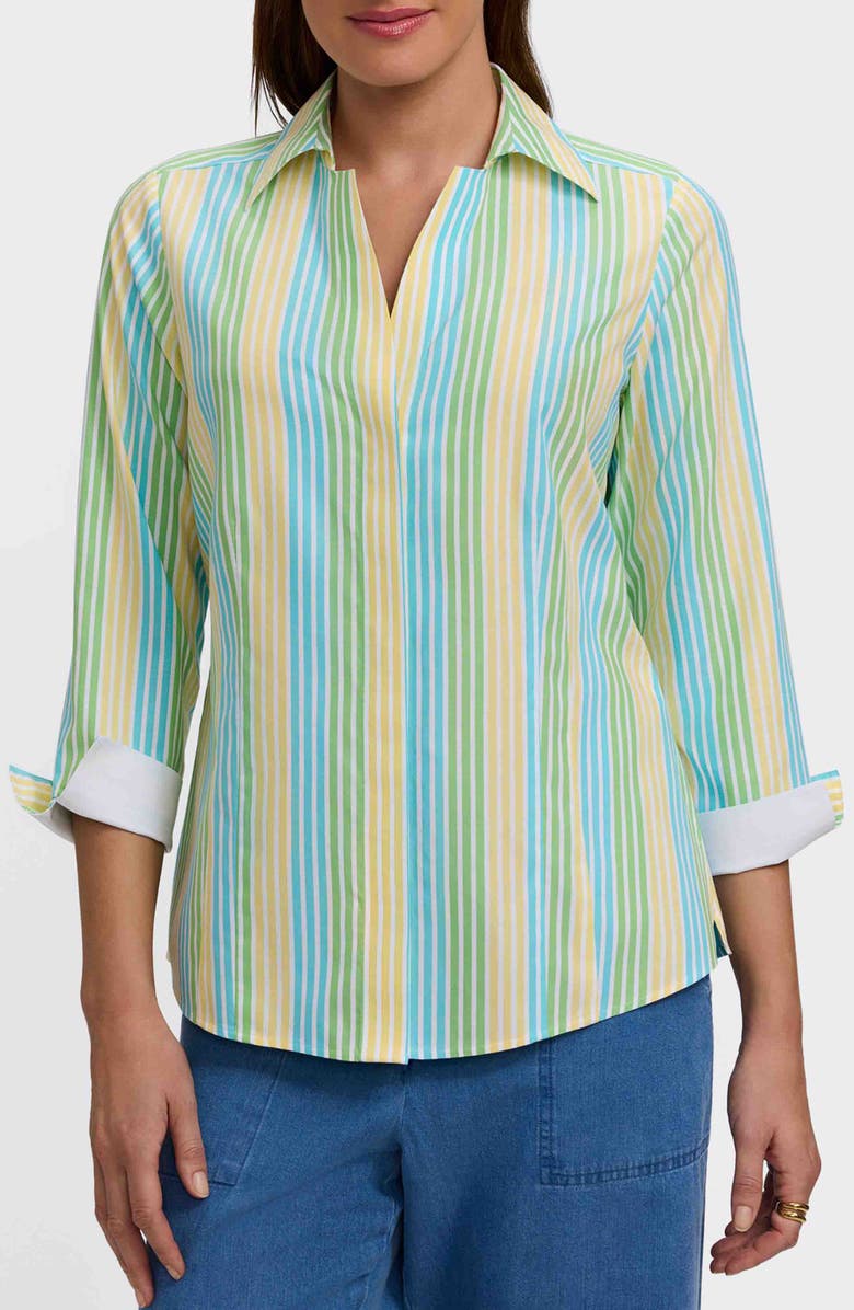Foxcroft Taylor Stripe Cotton Button-Up Shirt, Main, color, Blue/ Multi