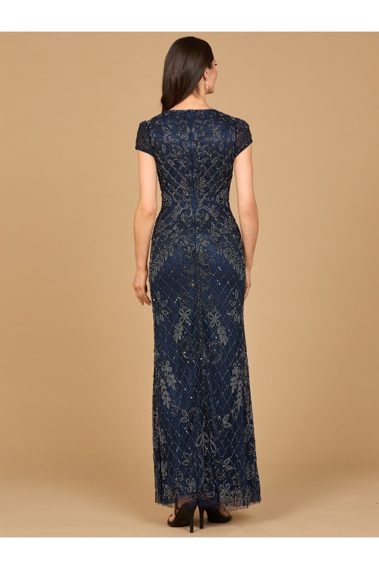Cap Sleeve Mermaid Beaded Gown, Alternate, color, Navy