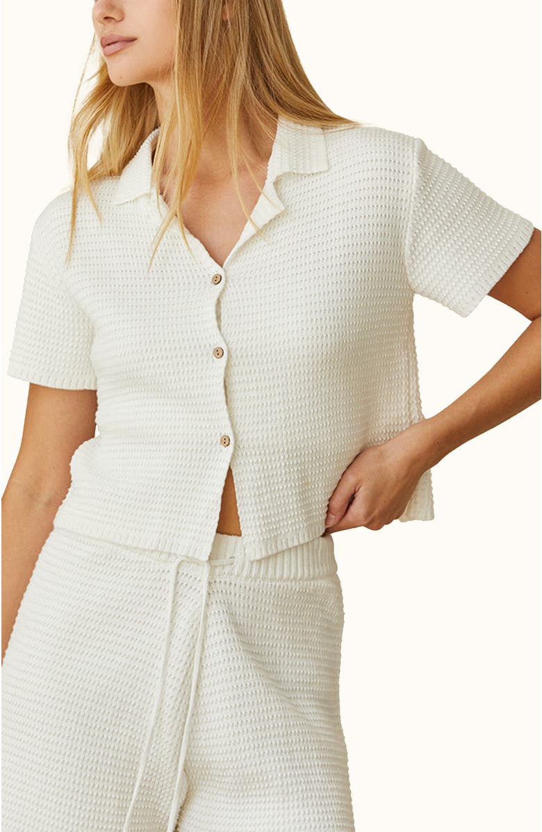CRESCENT Cotton Waffle Knit Button-Up Top, Main, color, White
