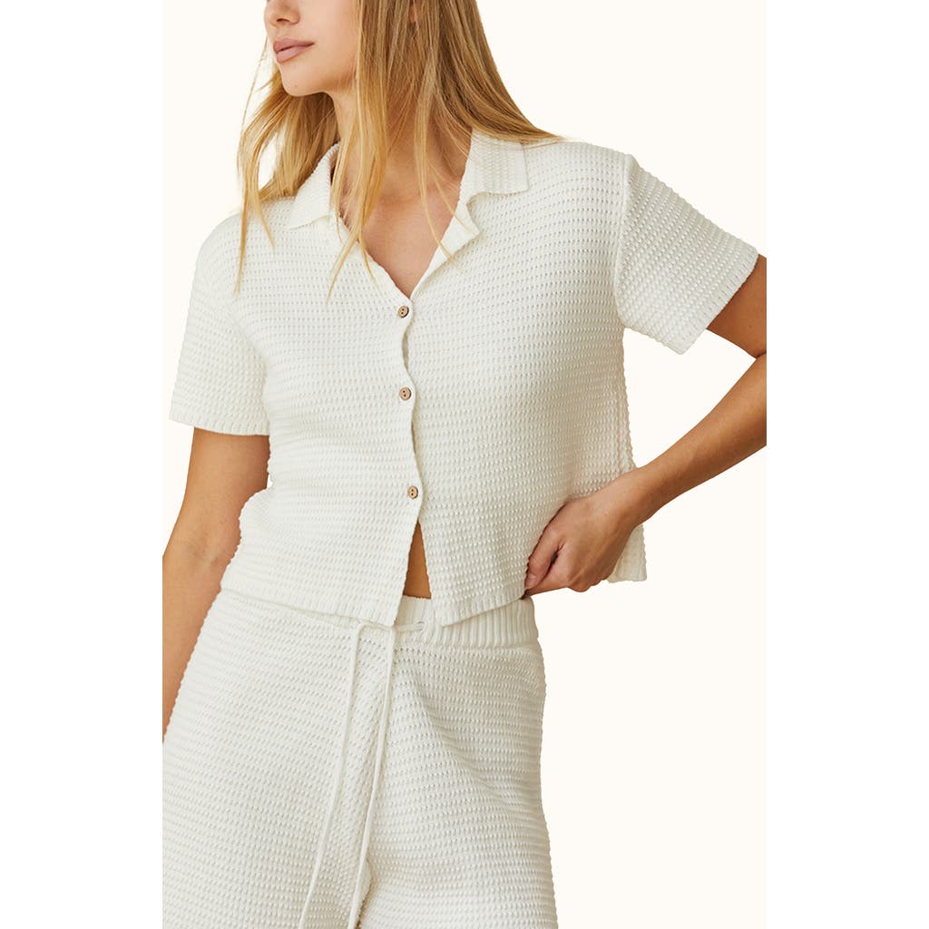 Crescent Cotton Waffle Knit Button-up Top In White
