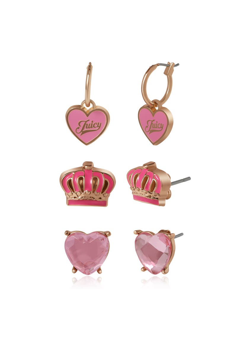 Kids 3-Pair Earring Set, Main, color, pink, gold