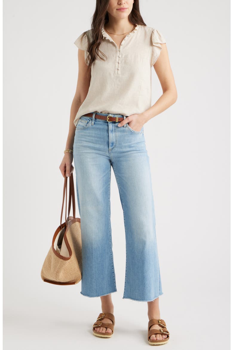 Linen Blend Flutter Sleeve Popover Top, Alternate, color, FLAX