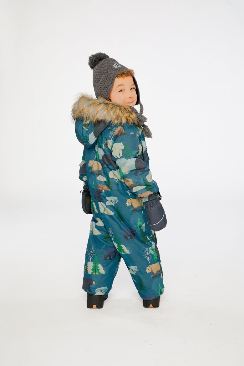 Play Bear Faux Fur Hood Car Seat One Piece Snowsuit, Alternate, color, Blue Bear Print