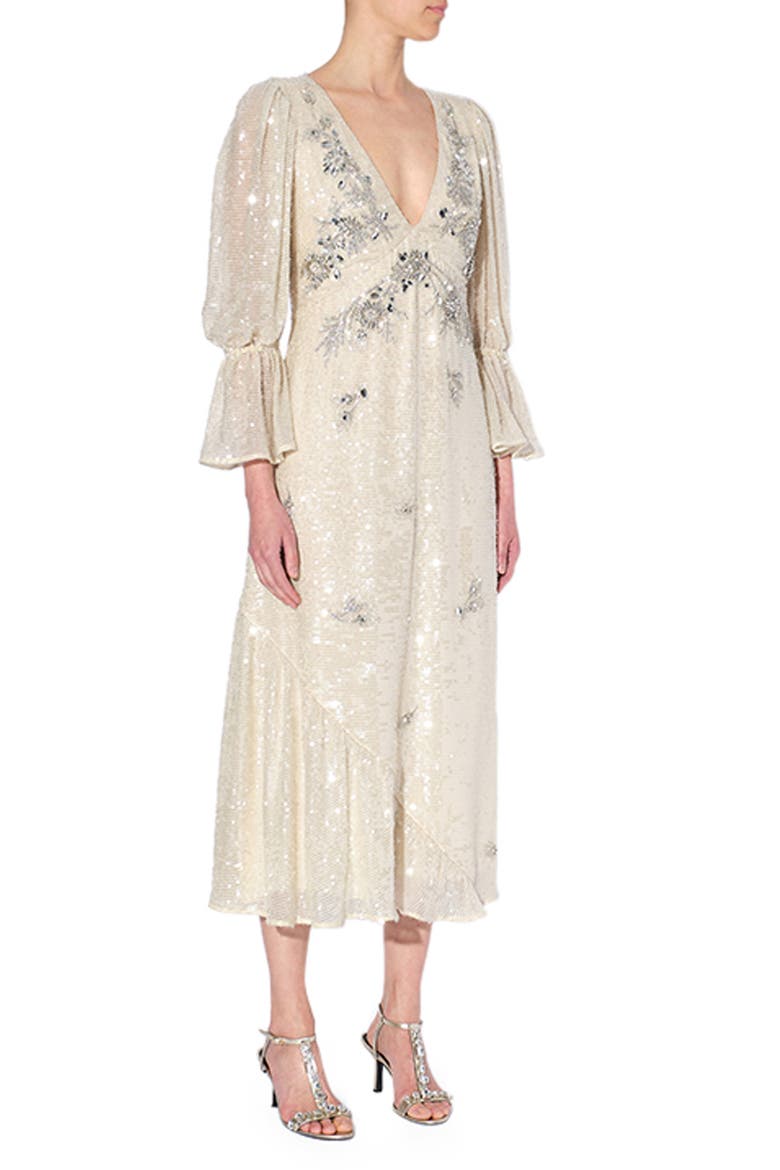 Eva Sequin Beaded Chiffon Midi Dress, Main, color, IVORY