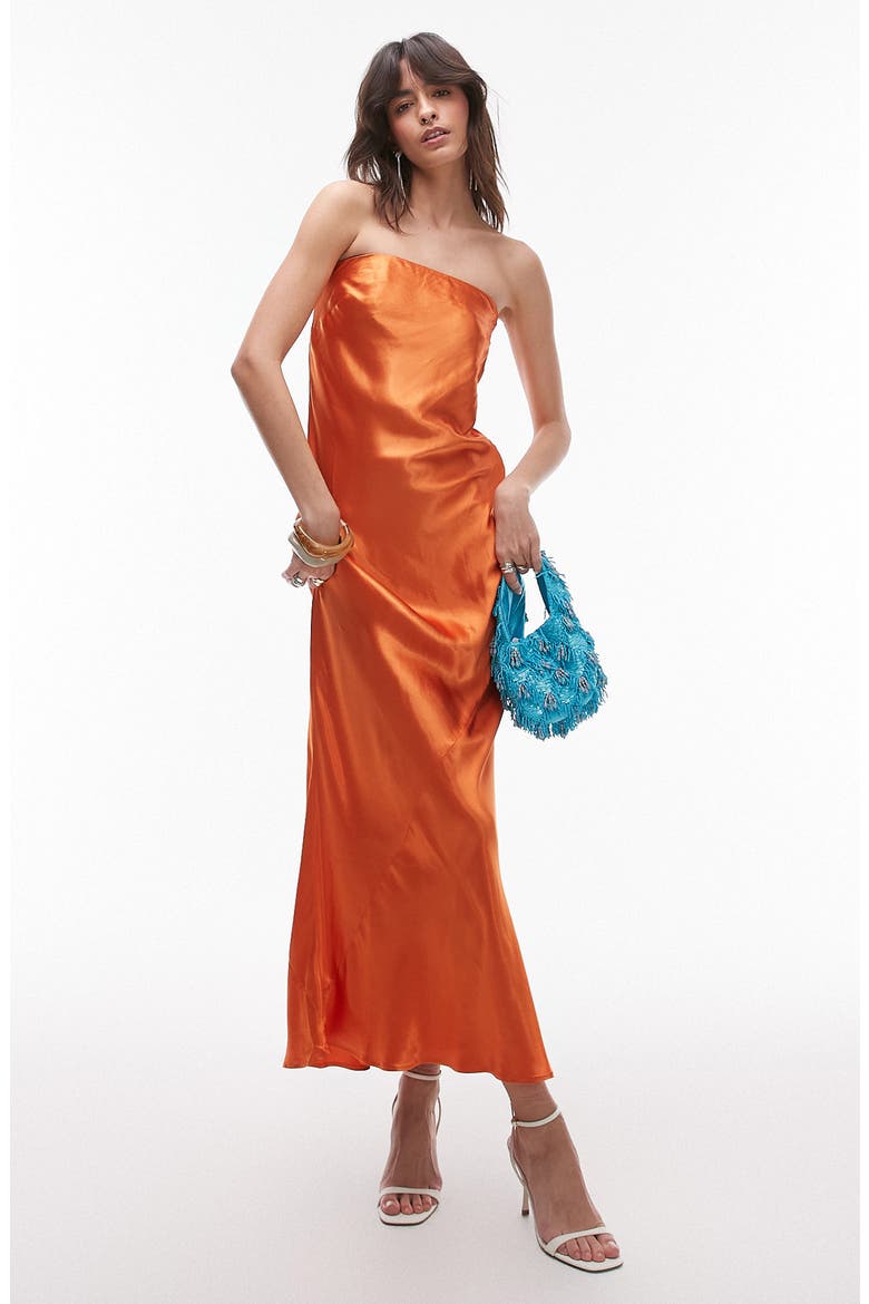 Strapless Satin Maxi Dress, Main, color, METALLIC ORANGE