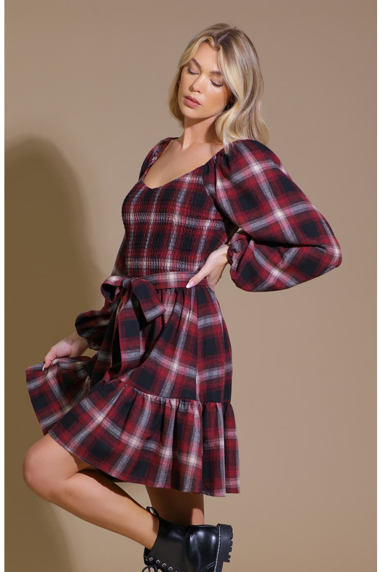 Plaid Long Sleeve Tie Waist Minidress, Alternate, color, RED/ BLACK