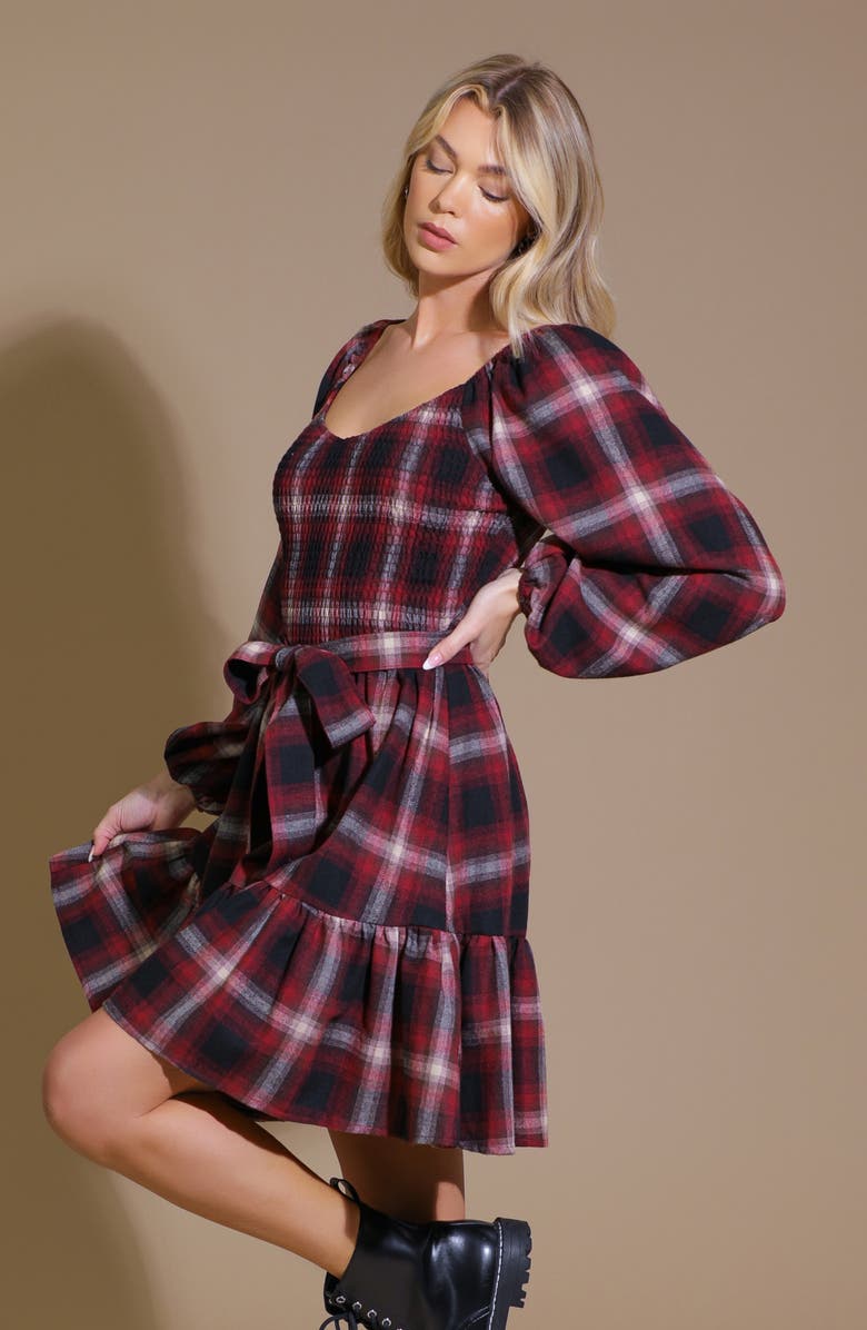 FLYING TOMATO Plaid Long Sleeve Tie Waist Minidress, Alternate, color, Red/ Black