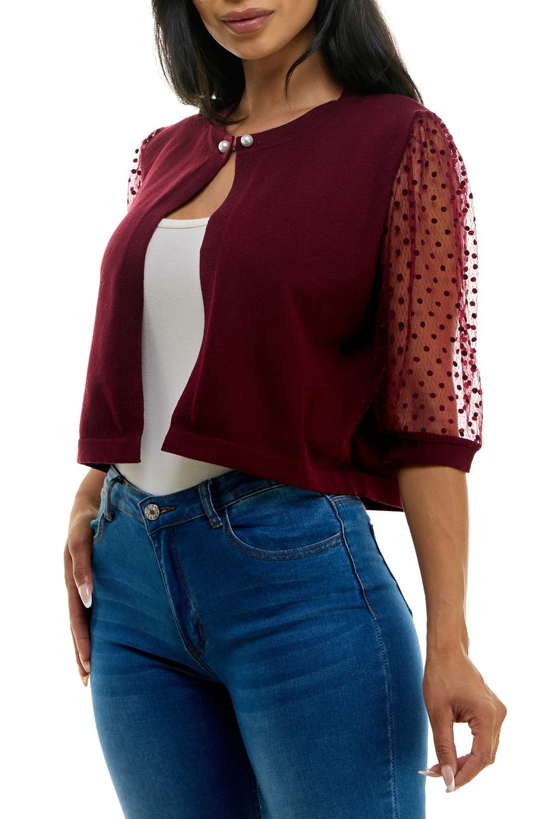 Nina Leonard Dot Mesh Elbow Sleeve Bolero, Alternate, color, Deep Wine
