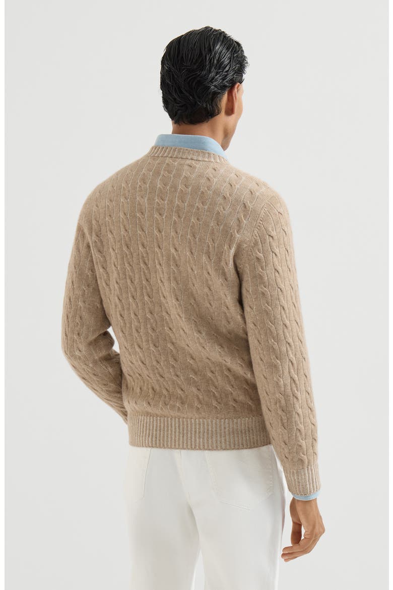 Cashmere vanisé cable knit sweater, Alternate, color, Brown
