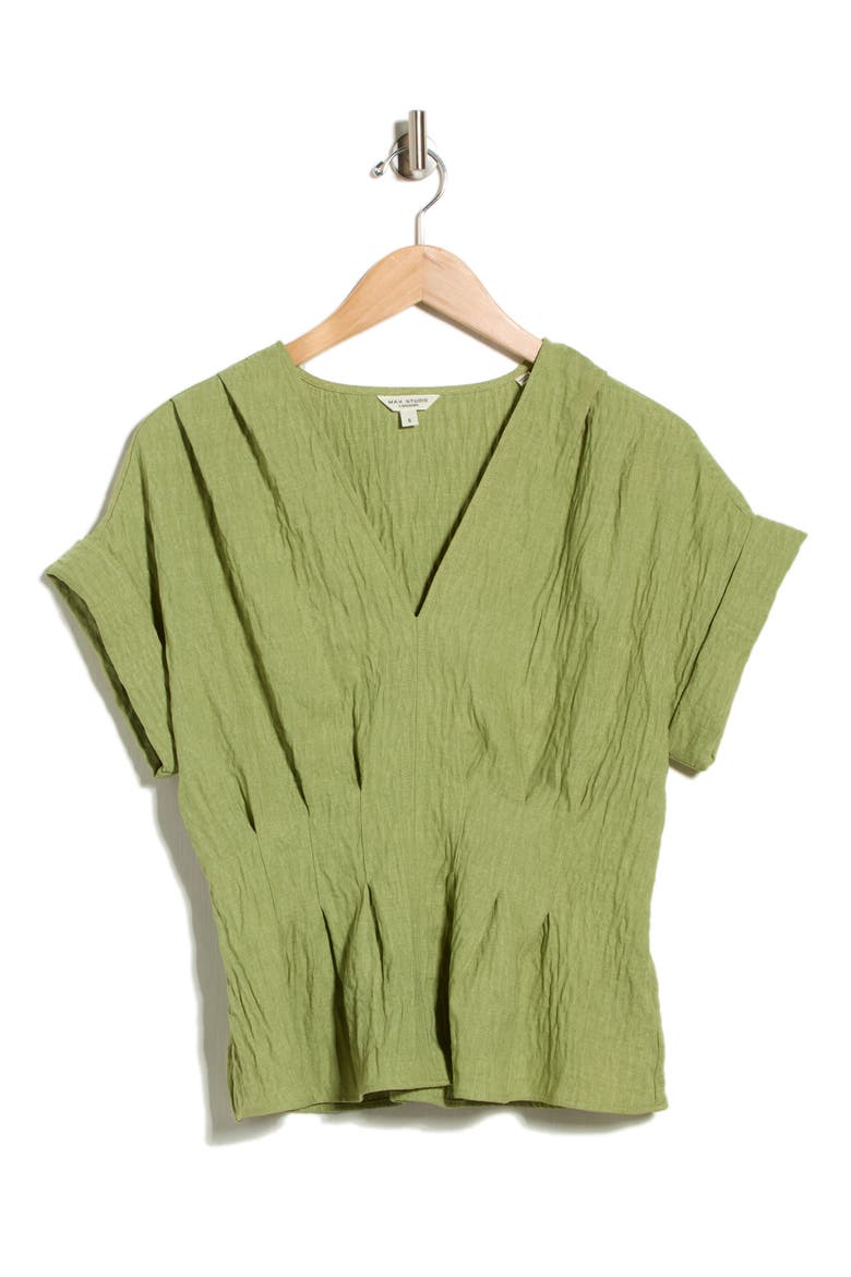 Pleated V-Neck Woven Top, Alternate, color, HEATHER LEAF