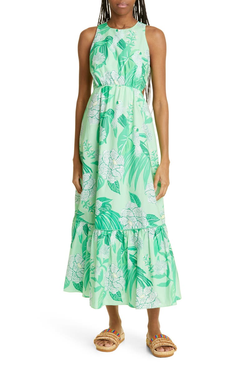 Dewdrop Floral Cutout Tiered Organic Cotton Dress, Main, color, DEWDROP FLORAL GREEN