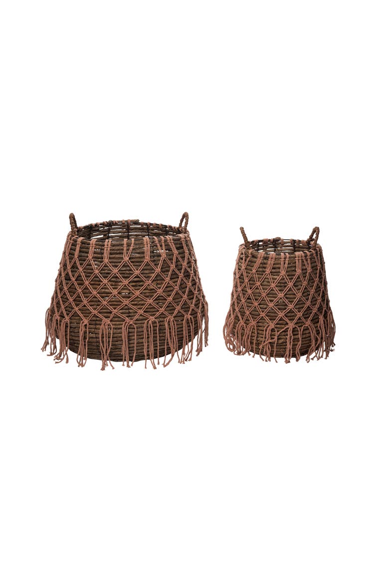 Grass Natural Brown Basket with Tassels, 15.74 Inch Decorative Basket Set of 2, Main, color, Orange