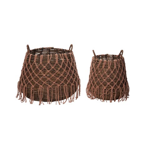 Grass Natural Brown Basket with Tassels, 15.74 Inch Decorative Basket Set of 2