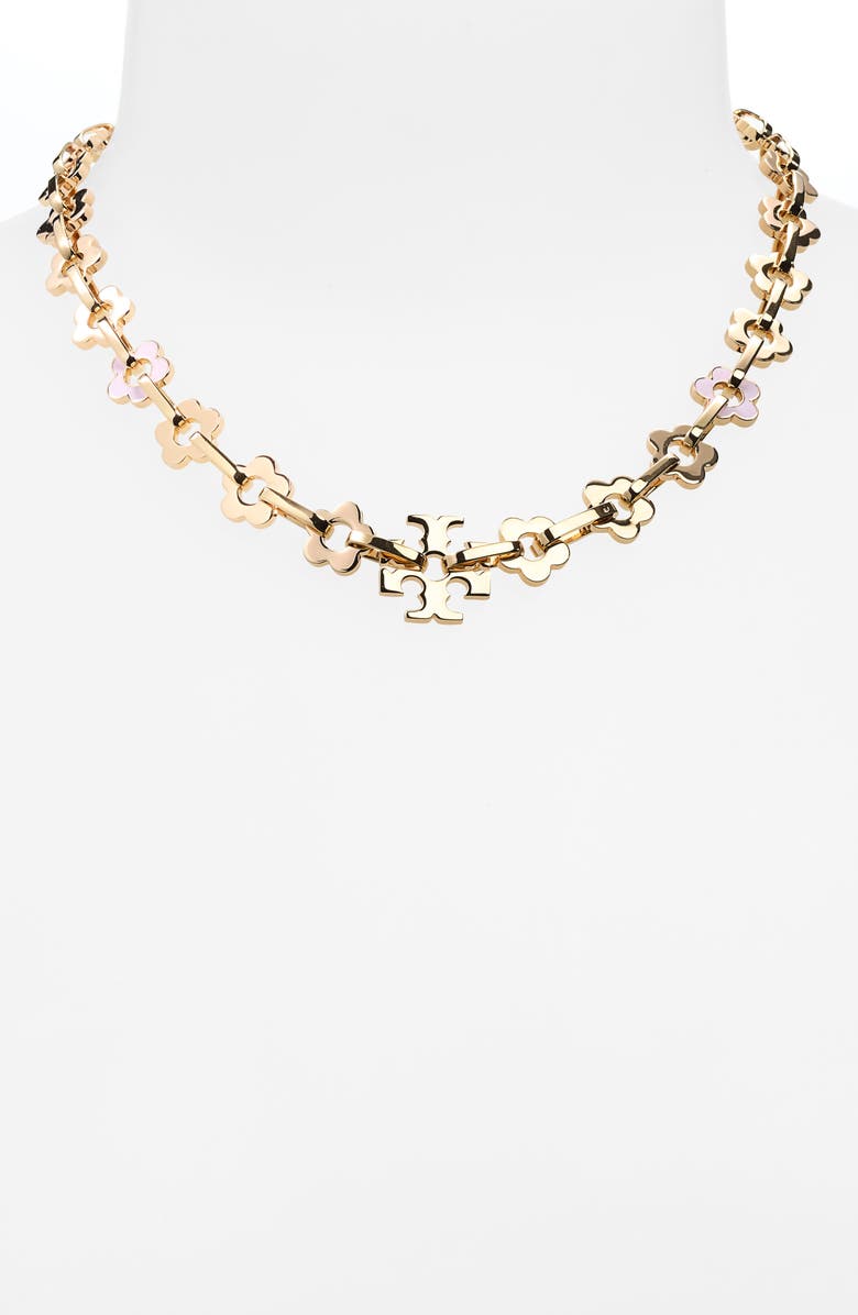 Tory Burch Forget Me Not Flower Chain Link Necklace, Alternate, color, Tory Gold / New Ivory