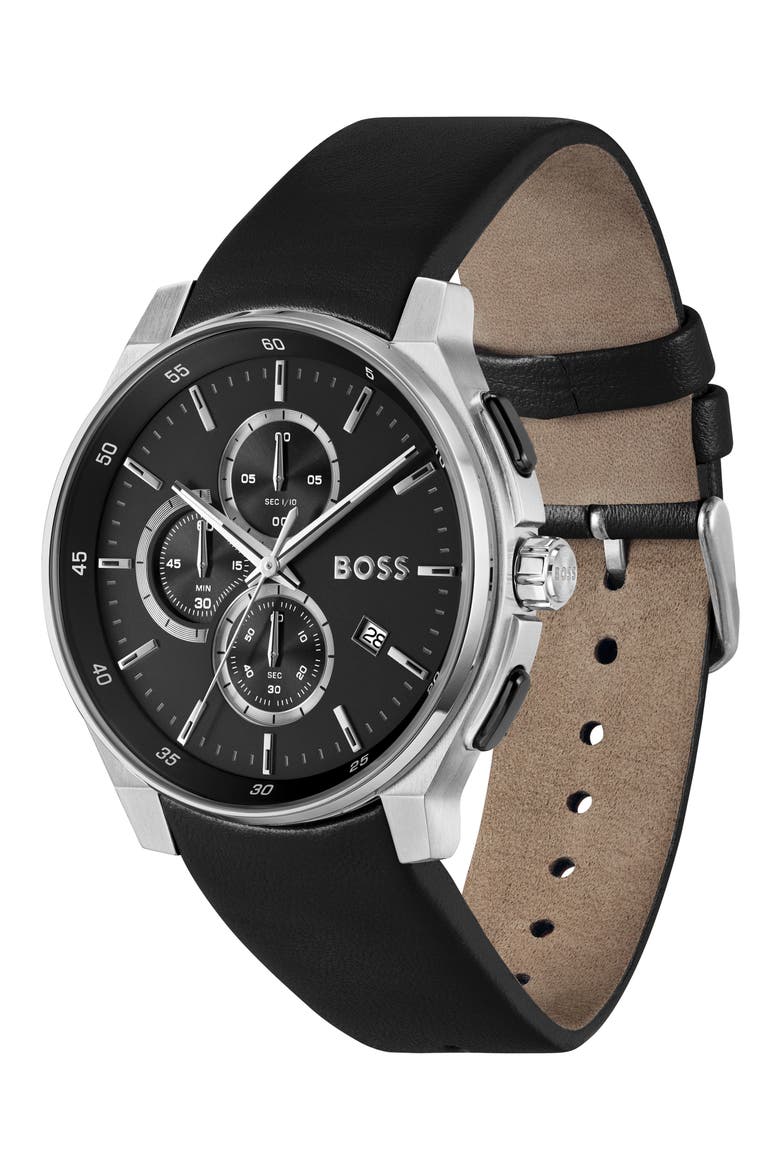 Peak 2.0 Chronograph Leather Strap Watch, 45mm, Alternate, color, BLACK
