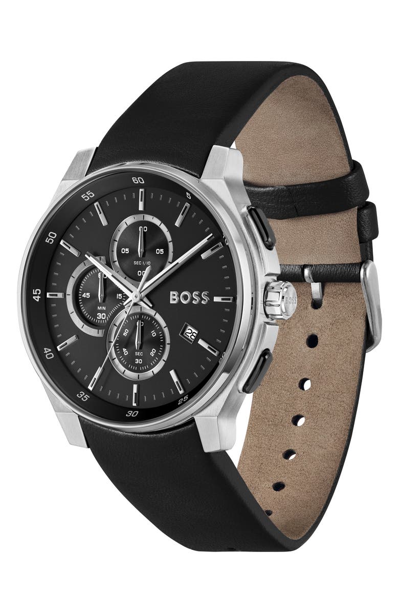 BOSS Peak 2.0 Chronograph Leather Strap Watch, 45mm, Alternate, color, Black