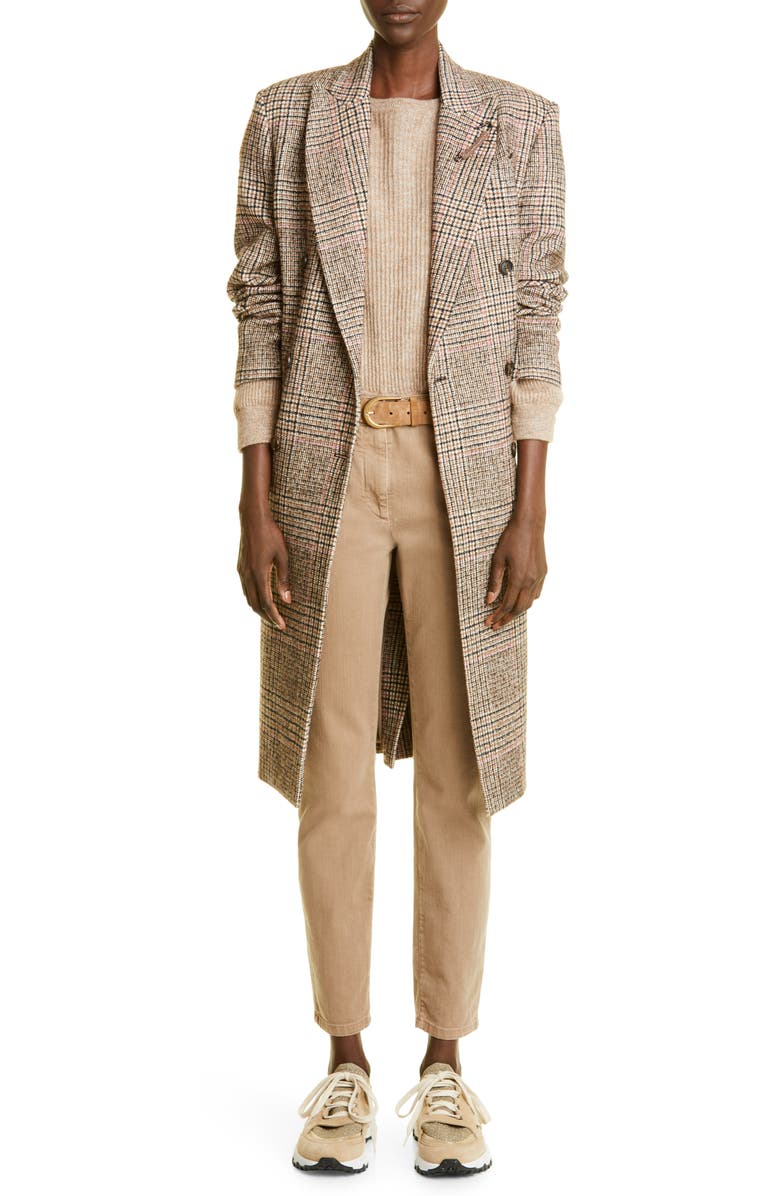 Brunello Cucinelli Glen Plaid Double Breasted Wool Blend Coat, Main, color, 