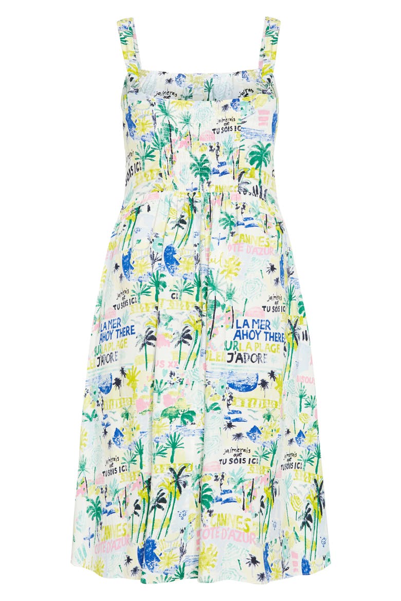 Almay Square Neck Button Front Stretch Cotton Sundress, Alternate, color, GREEN POSTCARDS