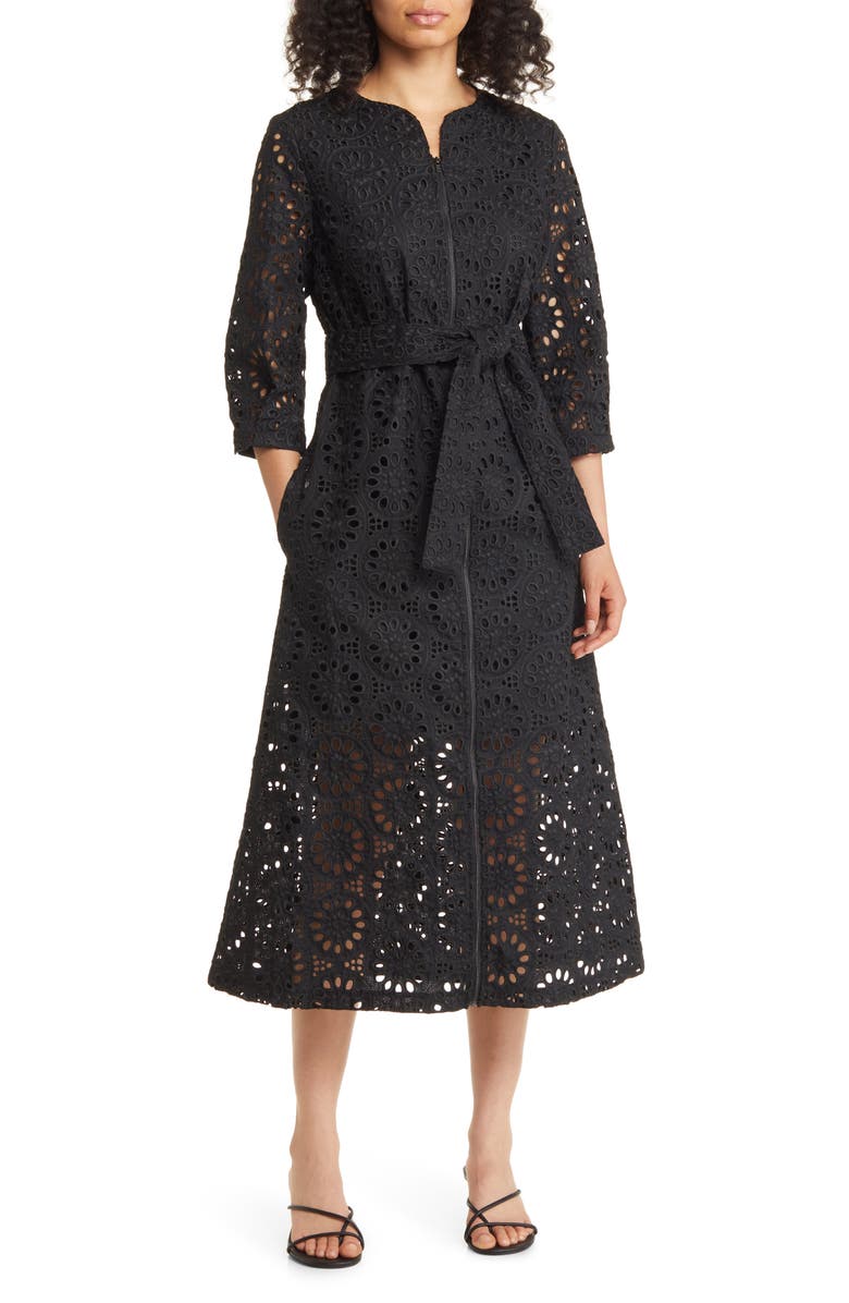 Misook Eyelet Tie Waist A-Line Maxi Dress, Main, color, 