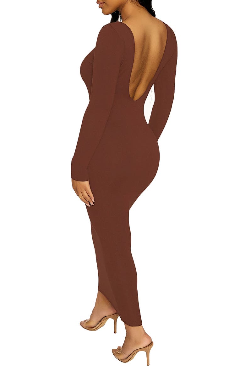 Naked Wardrobe Timeless Long Sleeve Body-Con Midi Dress, Alternate, color, Chocolate