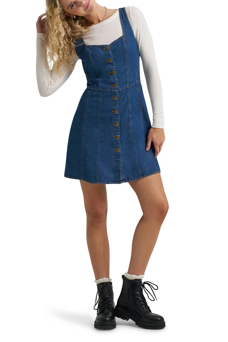 Seamed Denim Minidress, Alternate, color, EVENING BLUE