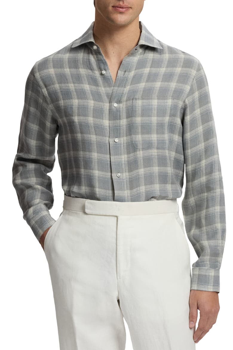 Plaid Linen Twill Button-Up Shirt, Main, color, GREY