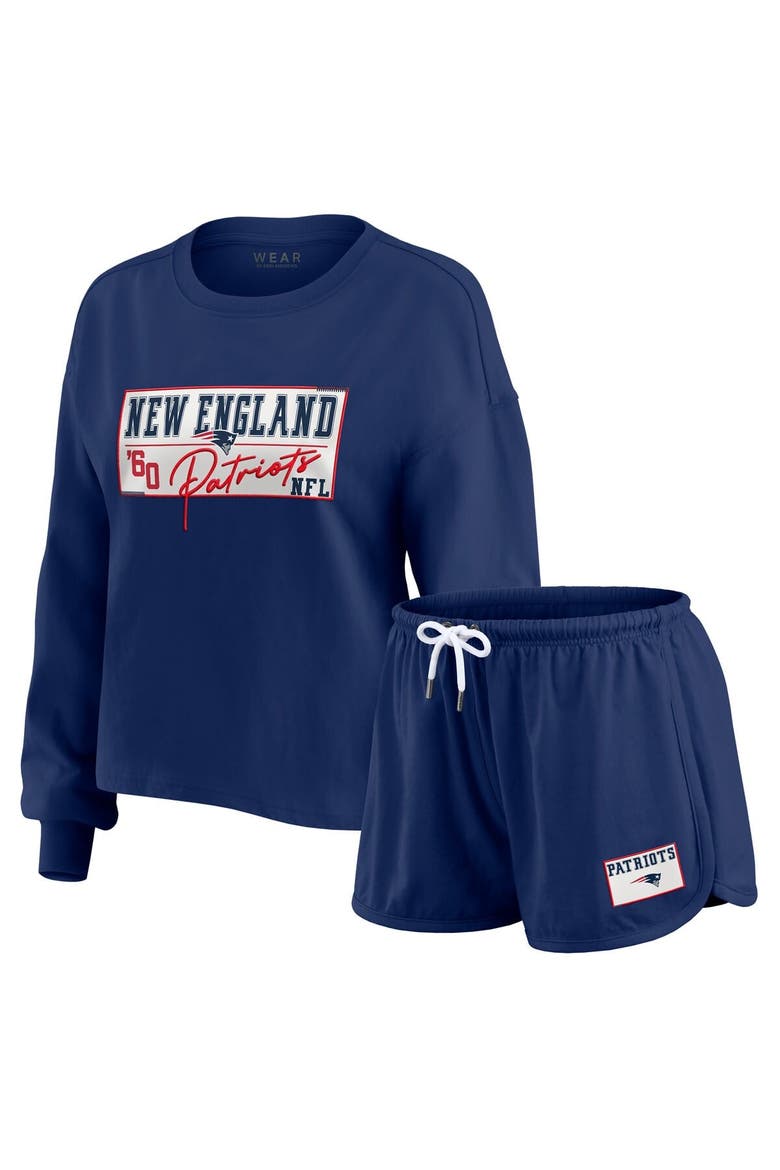 Women's WEAR by Erin Andrews Navy New England Patriots Heavy Rugby Jersey Long Sleeve T-Shirt & Shorts Lounge Set, Alternate, color, Navy