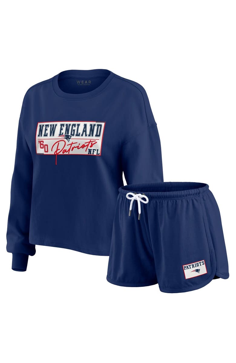 WEAR by Erin Andrews Women's WEAR by Erin Andrews Navy New England Patriots Heavy Rugby Jersey Long Sleeve T-Shirt & Shorts Lounge Set, Alternate, color, Navy