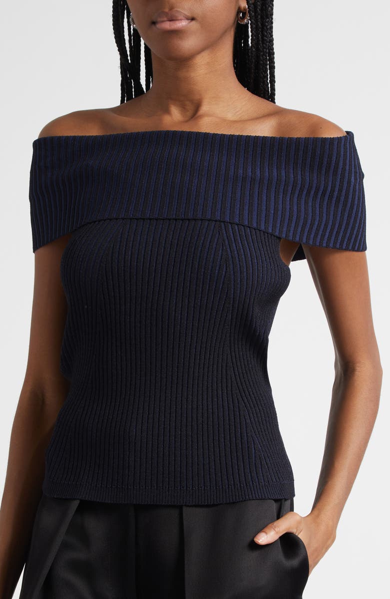 Ramy Brook Luke Foldover Off the Shoulder Rib Top, Alternate, color, Black/ Navy