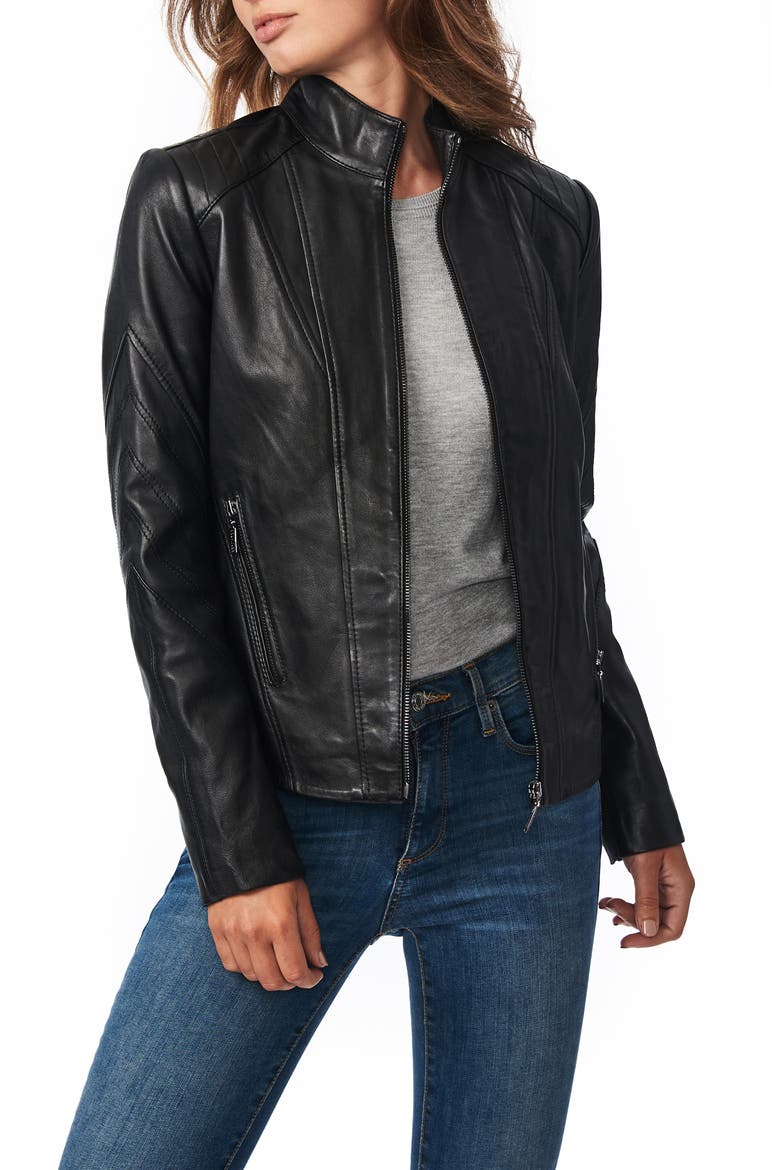 Chevron Sleeve Sheepskin Leather Moto Jacket, Main, color, BLACK