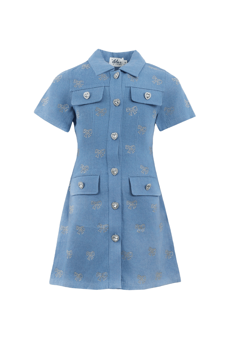 Shimmer Bows Denim Dress, Main, color, Blue
