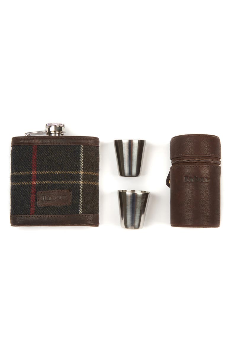 Barbour Tartan Hip Flask & Cups Set, Main, color,