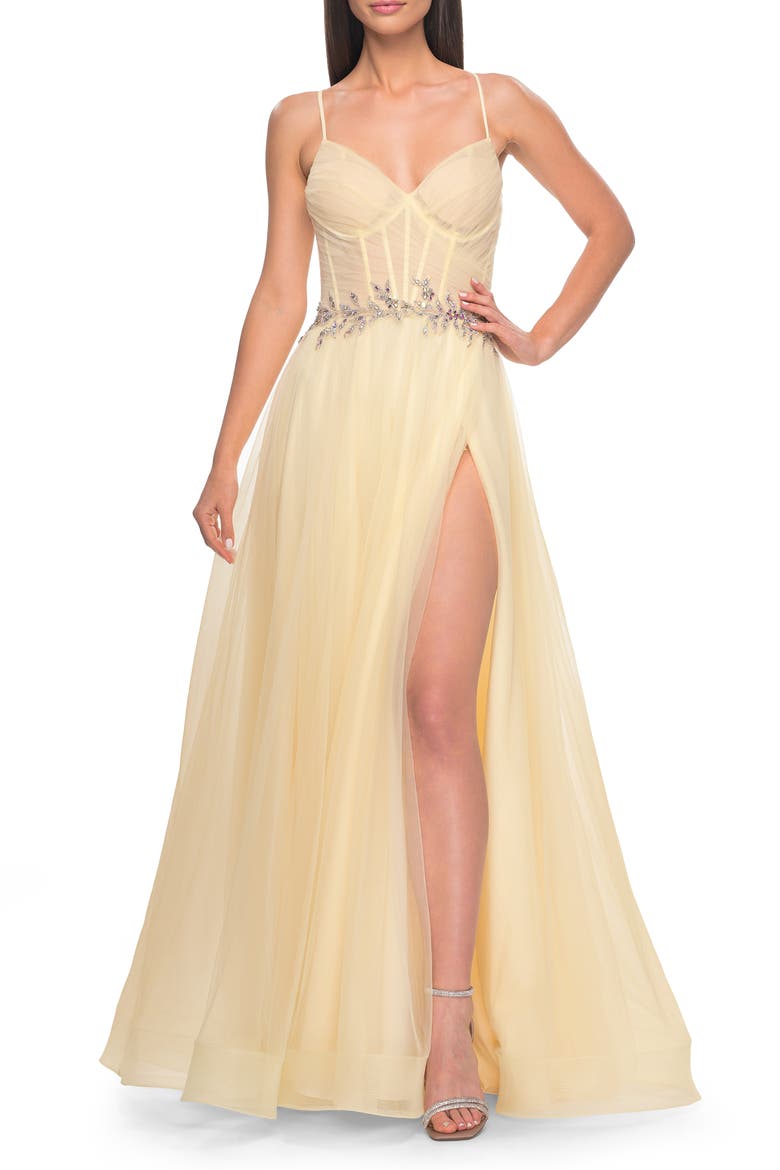 A-Line Prom Gown with Ruched Bodice and Rhinestone Belt Detail, Alternate, color, Pale Yellow