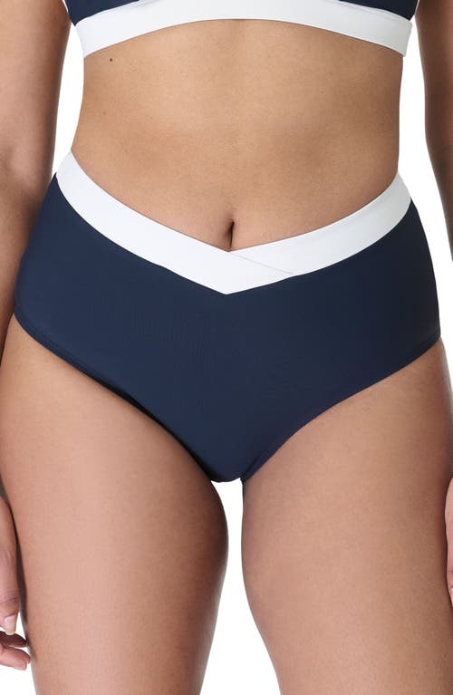 Shop Sweaty Betty Wrap Front High Waist Bikini Bottoms In Navyblue Lilywhite